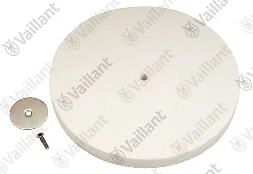 Vaillant Isolierungsset bestehend aus einer weißen, runden Isolierplatte und einer Metallplatte mit einer Schraube, geeignet für den Einsatz in Heizsystemen.